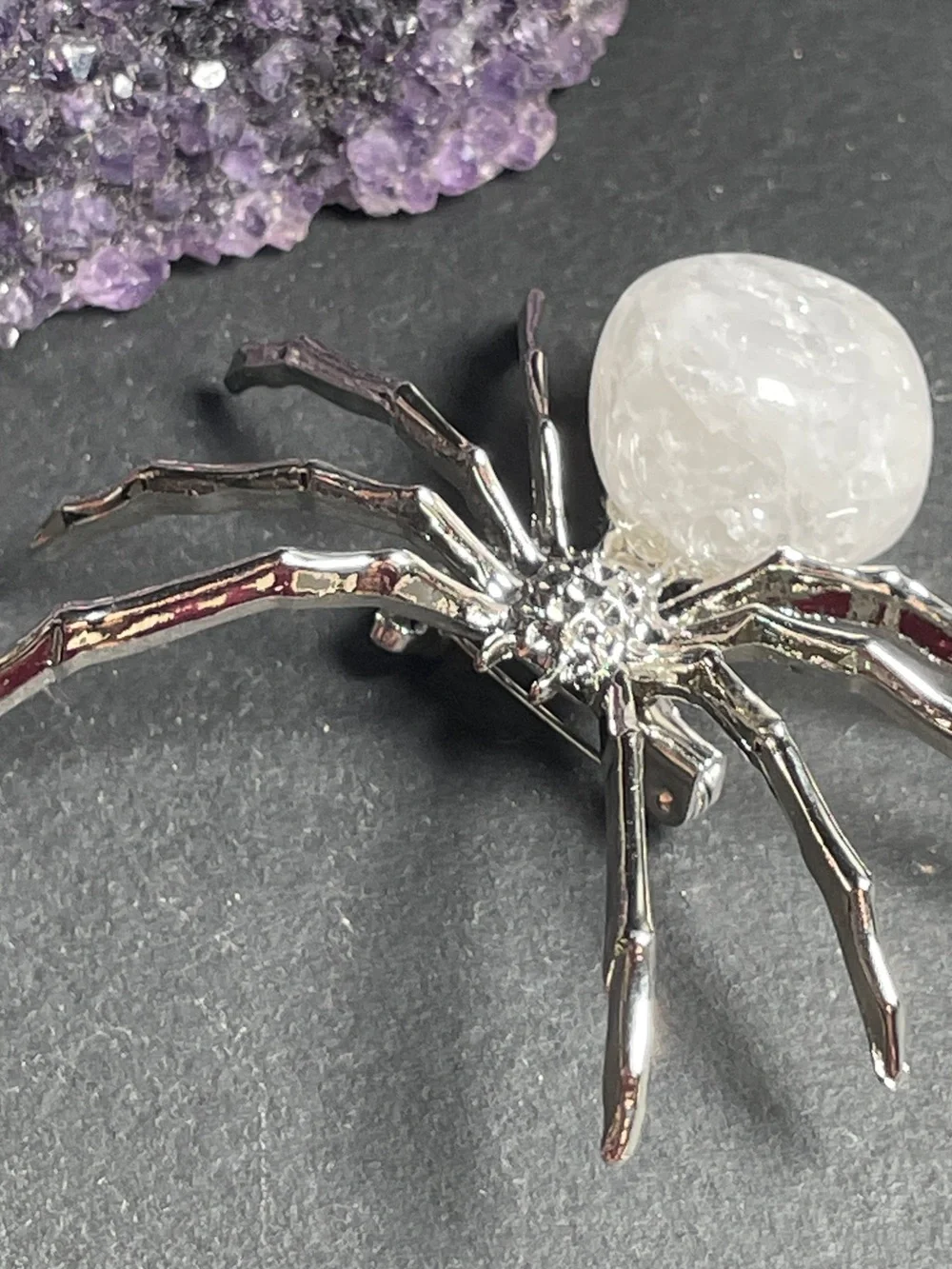 White Milky Quartz Spider Brooch - Silver Artisan Made